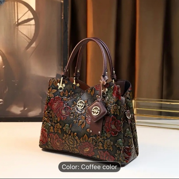 Floral Embossed Leather Shoulder Bag - Coffee - Picture 2 of 10